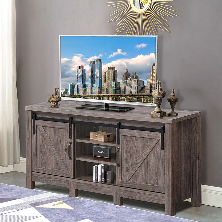 Costway - TV Stand Sliding Barn Door Entertainment Center for TV's up to 55'' with Storage - Deep Taupe_4