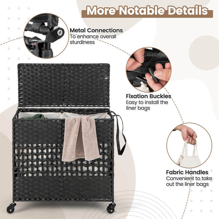 Costway 110L Laundry Hamper with Wheels Clothes Basket Lid & Handle & 2 Liner Bags Black - Black_6