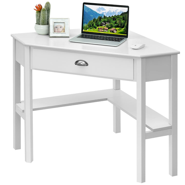 Costway - Triangle Computer Desk Corner Office Desk Laptop Table with Drawer Shelves - Rustic White_8