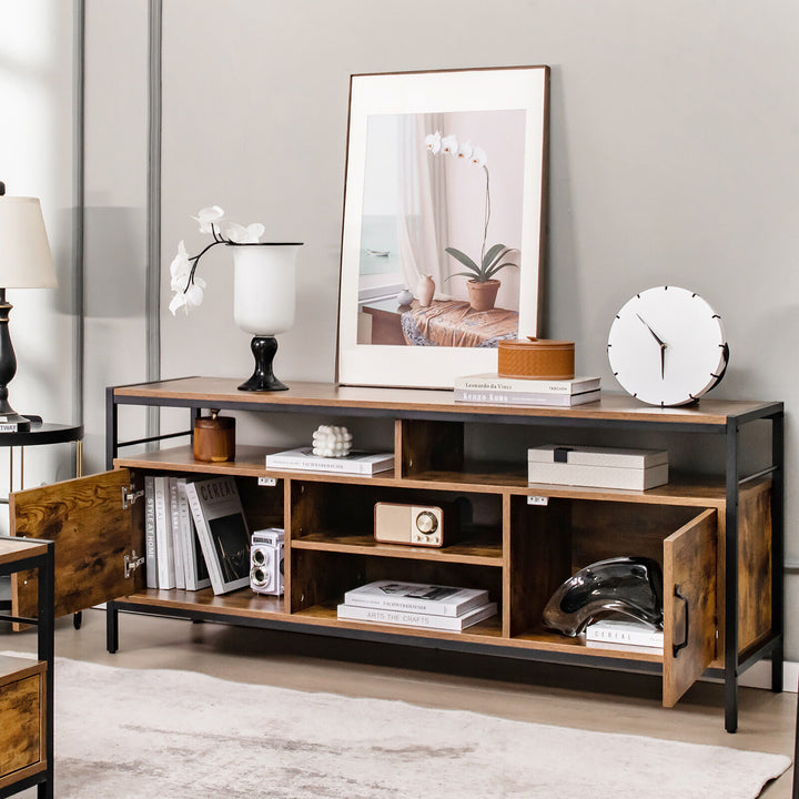 Costway - Industrial TV Stand for TVs up to 65'' Media Center w/ Cabinets & Adjustable Shelf - Rustic Brown_4