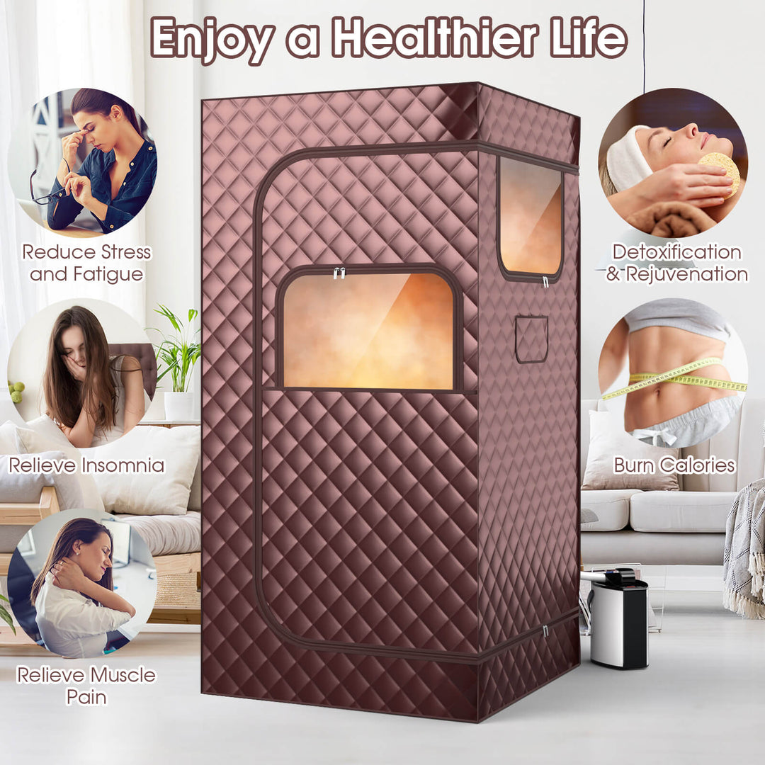 Costway - Portable Steam Sauna for Home Full Body Sauna Box with 3L Steam Generator - Brown_9