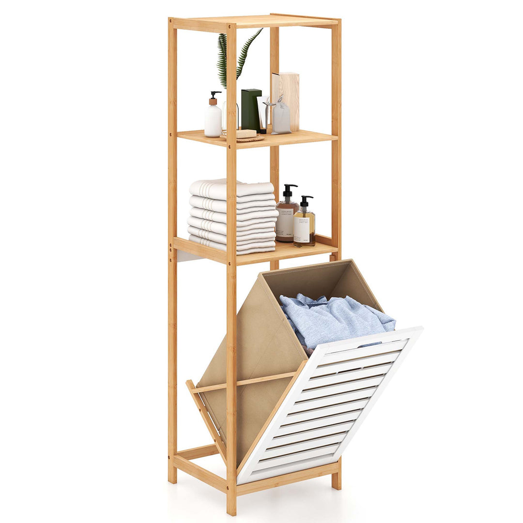 Costway Tilt-Out Laundry Hamper with 3-Tier Shelf Removable Liner Lightweight Design - Natural/White_9