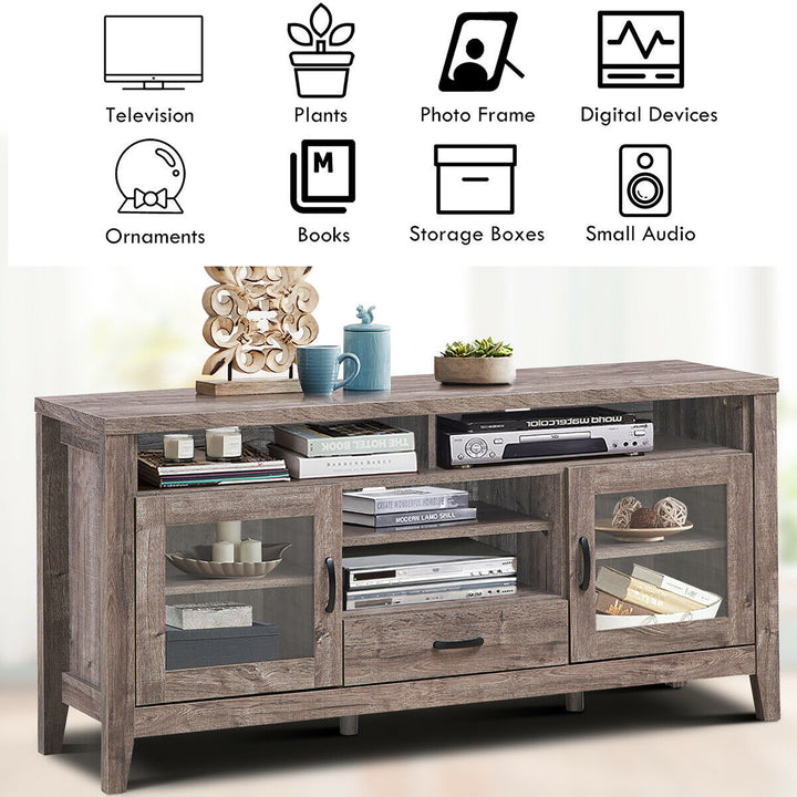 Costway - TV Stand Tall Entertainment Center Hold up to 65'' TV w/ Glass Storage & Drawer - Walnut_5