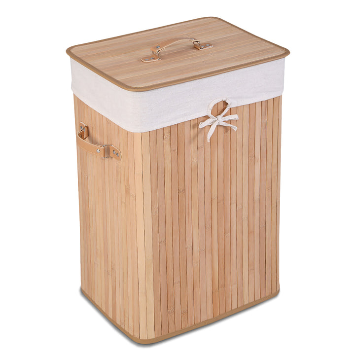 Costway Rectangle Bamboo Hamper Laundry Basket Washing Cloth Bin Bag Lid Natural - Natural/White_0