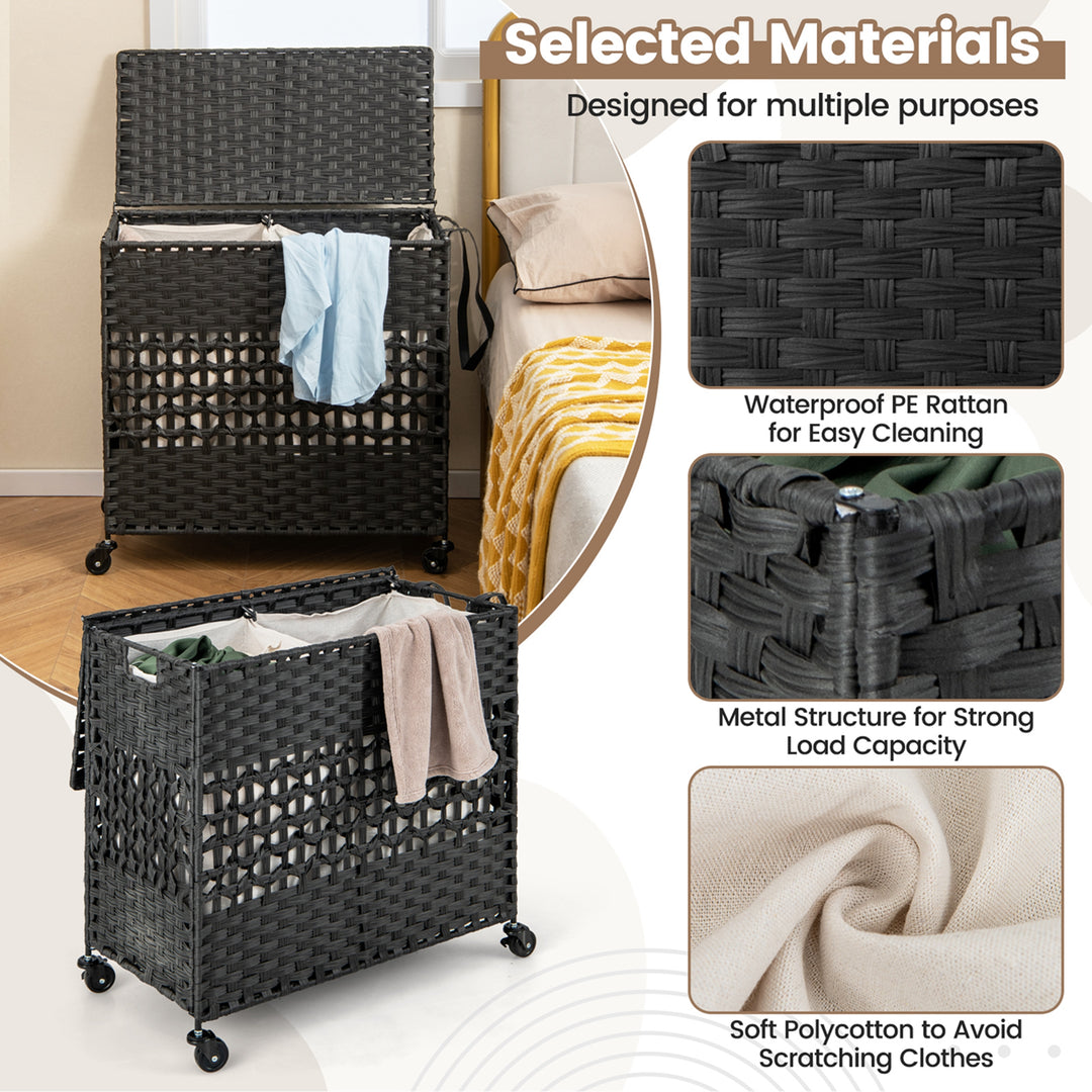 Costway 110L Laundry Hamper with Wheels Clothes Basket Lid & Handle & 2 Liner Bags Black - Black_4