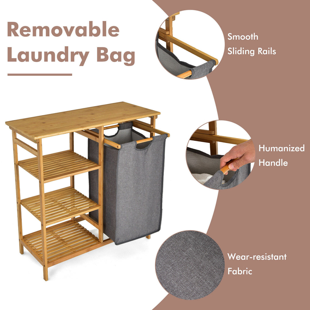 Costway Laundry Hamper Basket Table Bamboo w/Storage Shelves and Sliding Bag - Natural_8