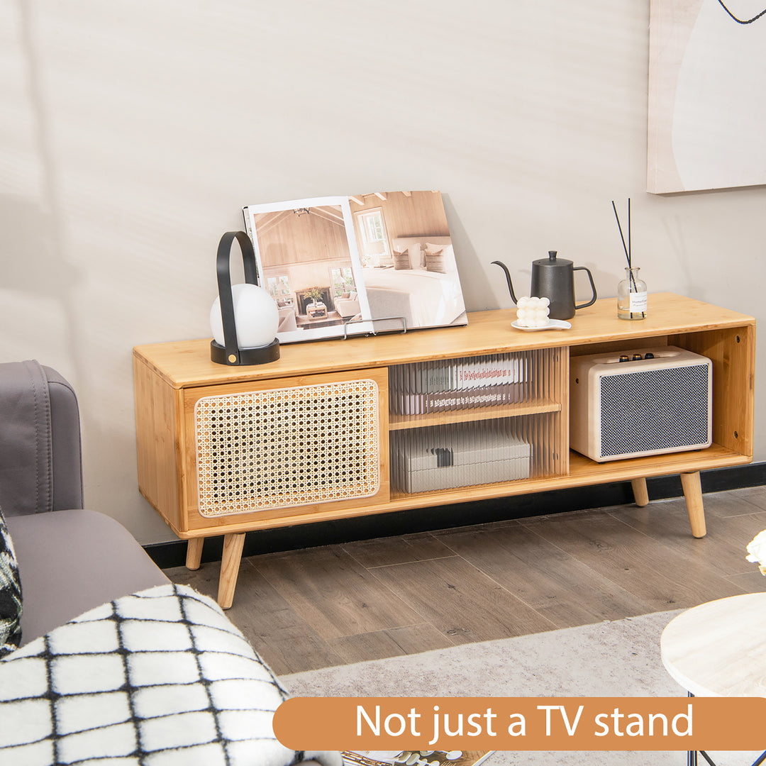 Costway - Modern TV Stand Entertainment Center Media Console w/Rattan  Glass Sliding Doors - Natural_4