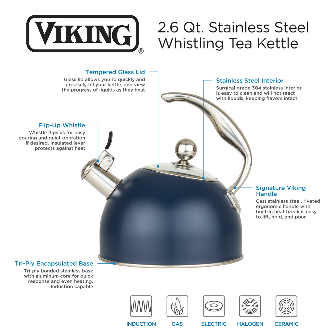 Viking 2.6 Quart Whistling Tea Kettle with 3-Ply Base, Slate Blue - Slate Blue_5
