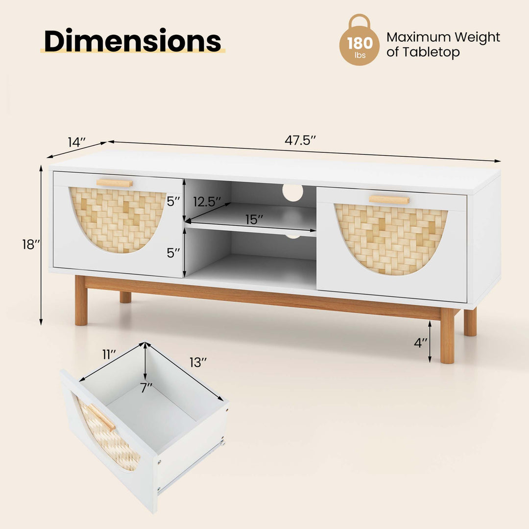 Costway - TV Stand for 55-Inch TVs with 2 Drawers & Bamboo Woven Fronts Solid Wood Legs White - White/Natural_2