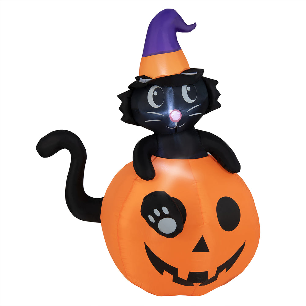 Costway - 5 FT Tall Halloween Inflatable Décor Black Cat Sitting in Pumpkin w/ LED Lights - Orange/Purple_1