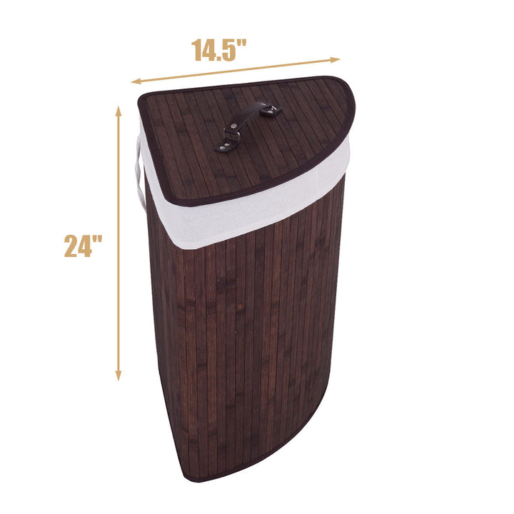 Costway Corner Bamboo Hamper Laundry Basket Washing Cloth Bin Storage Bag Lid Brown - Brown_2