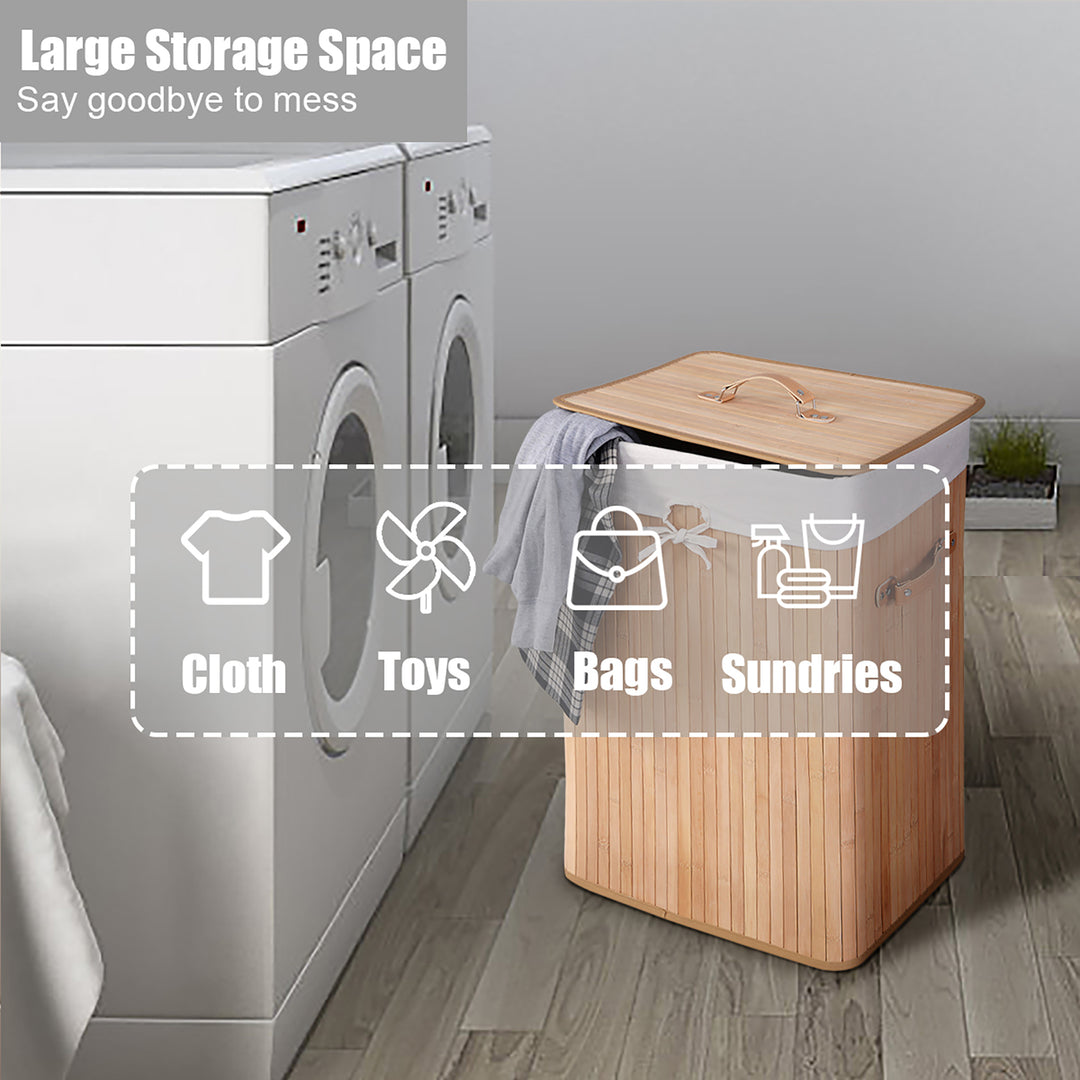 Costway Rectangle Bamboo Hamper Laundry Basket Washing Cloth Bin Bag Lid Natural - Natural/White_5