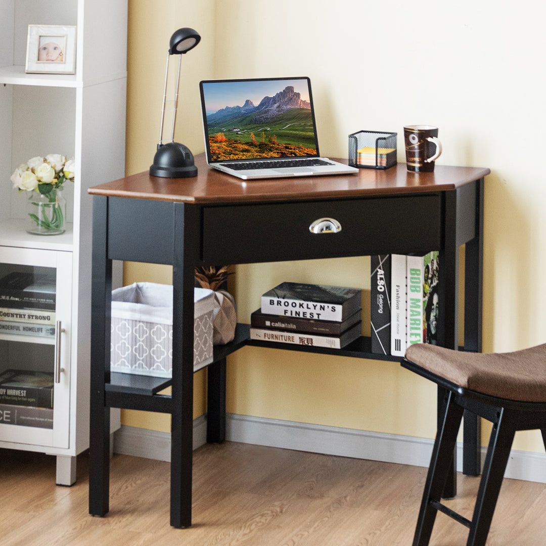 Costway - Triangle Computer Desk Corner Office Desk Laptop Table with Drawer Shelves - Rustic Coffee/Black_1