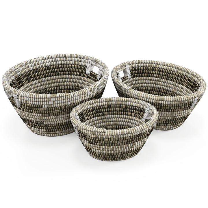 Costway Natural Canes Grass Baskets Stackable Storage Bins Set of 3 w/ Hollowed Handles - White, Black_9