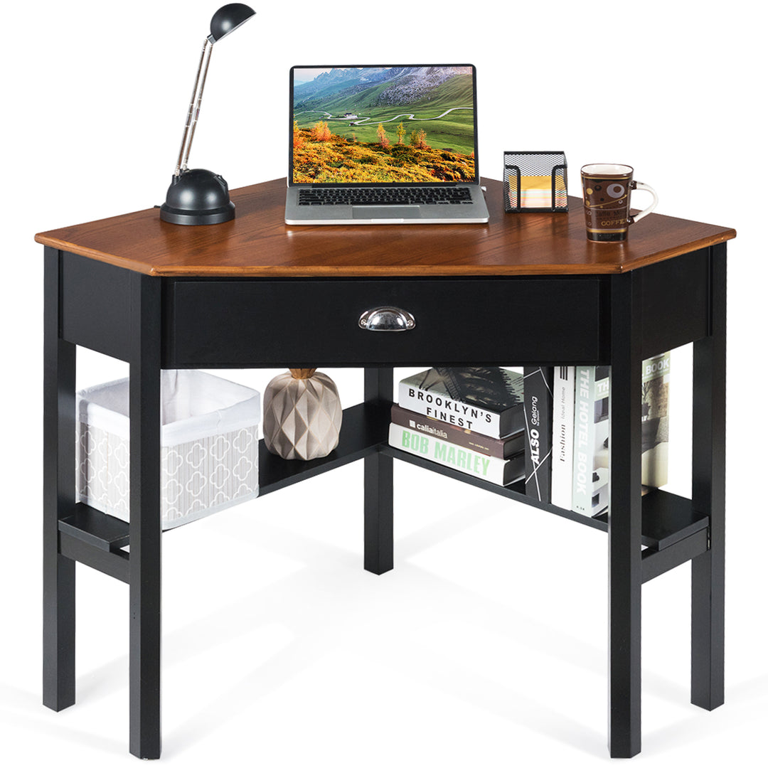 Costway - Triangle Computer Desk Corner Office Desk Laptop Table with Drawer Shelves - Rustic Coffee/Black_8