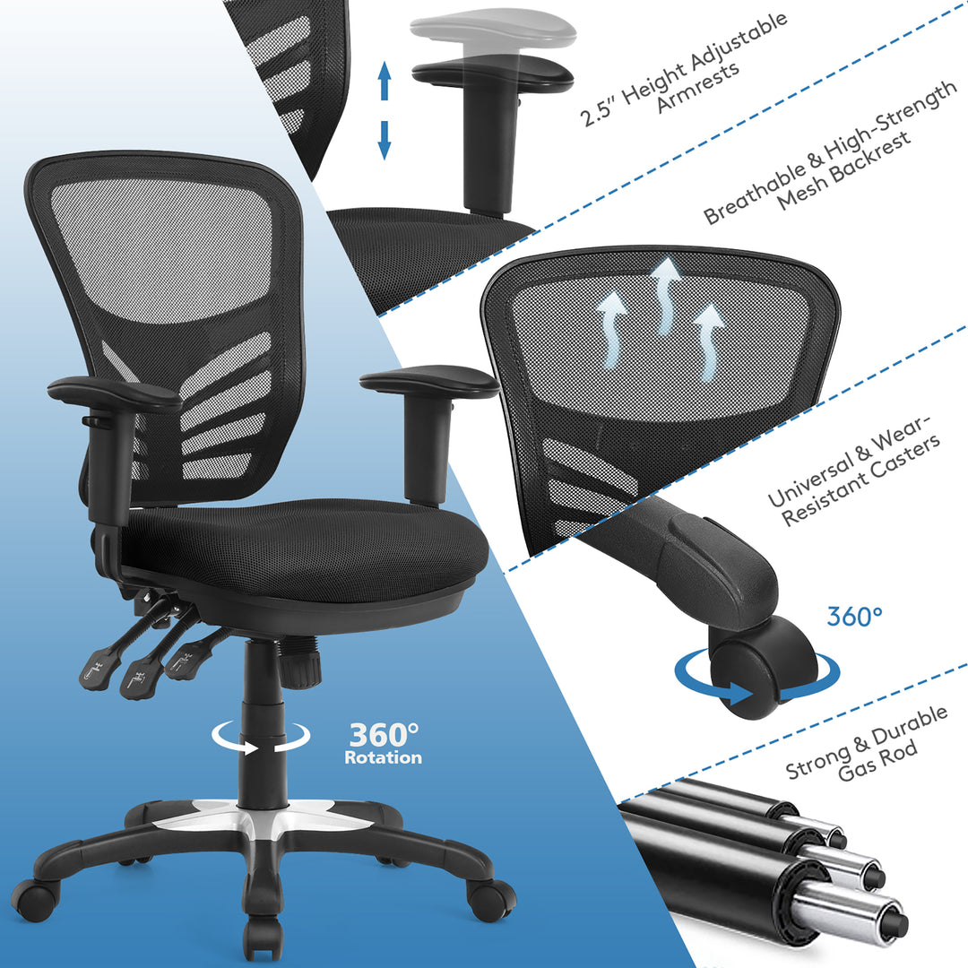 Costway - Mesh Office Chair 3-Paddle Computer Desk Chair with Adjustable Seat - Black_7