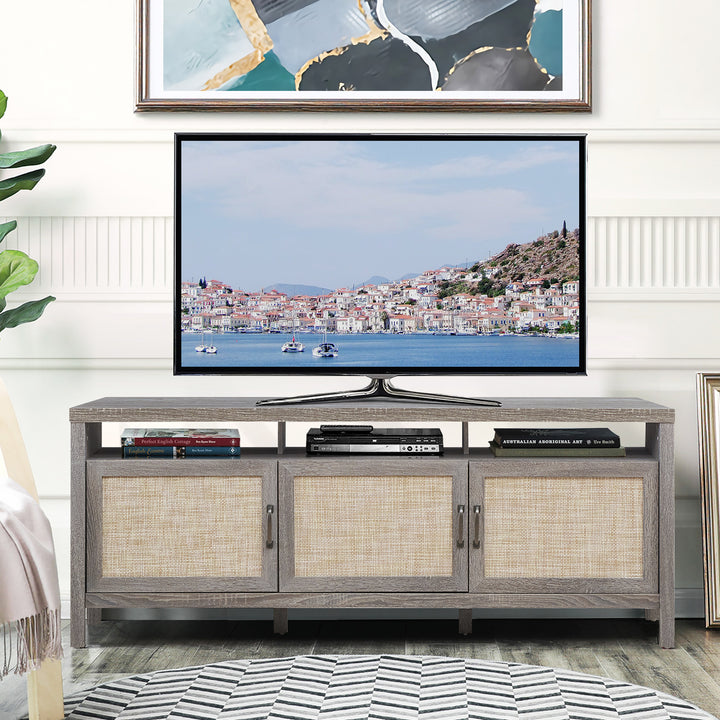 Costway - TV Stand Entertainment Media Center for TV's up to 65'' w/ Rattan Doors Grey Oak - Gray Oak_3