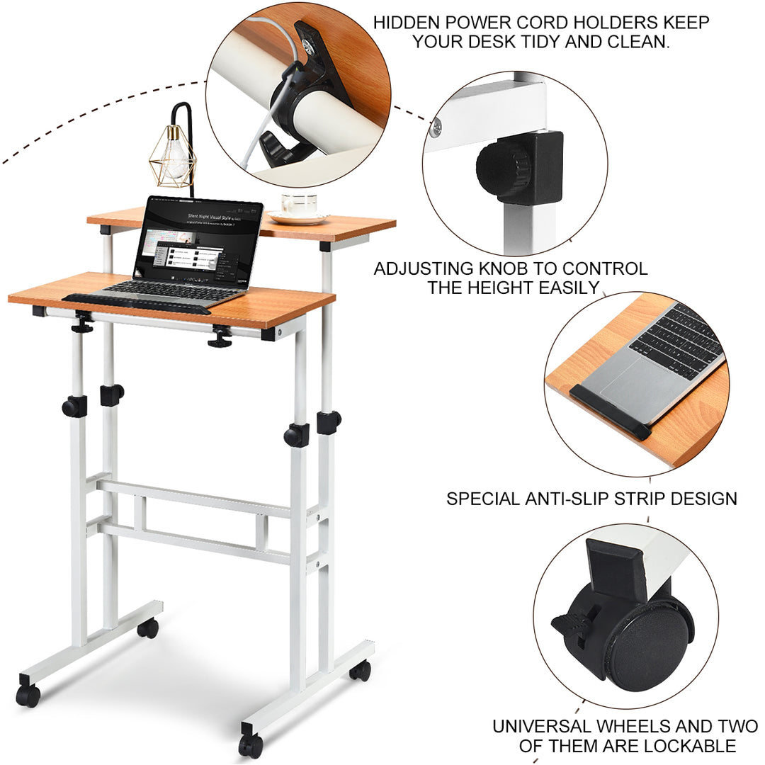 Costway - Mobile Standing Desk Height Adjustable Sit Stand Workstation Stand Up Desk 2in1 - White/Natural_8