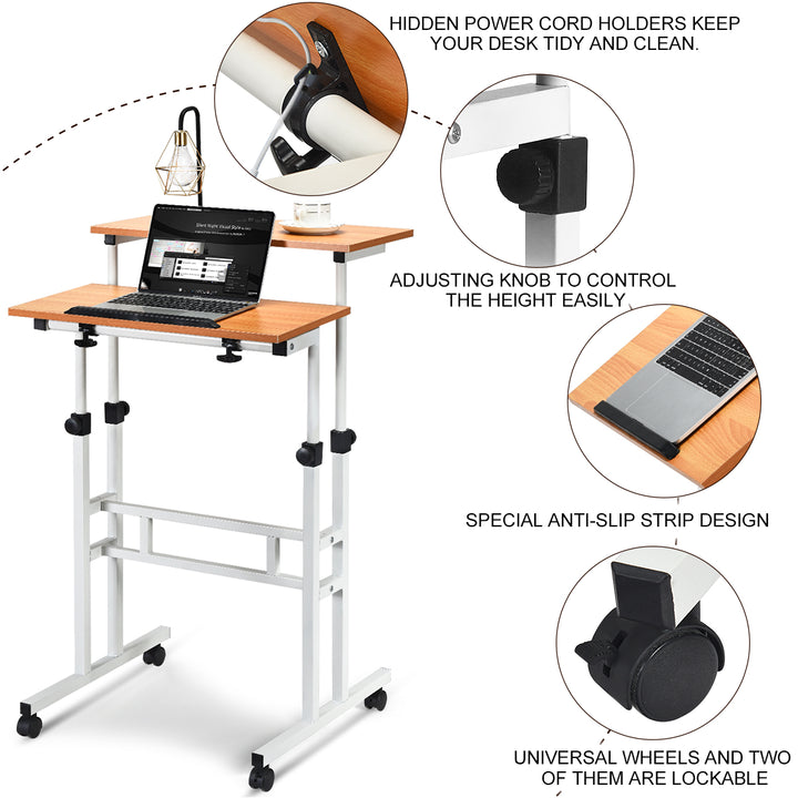 Costway - Mobile Standing Desk Height Adjustable Sit Stand Workstation Stand Up Desk 2in1 - White/Natural_8