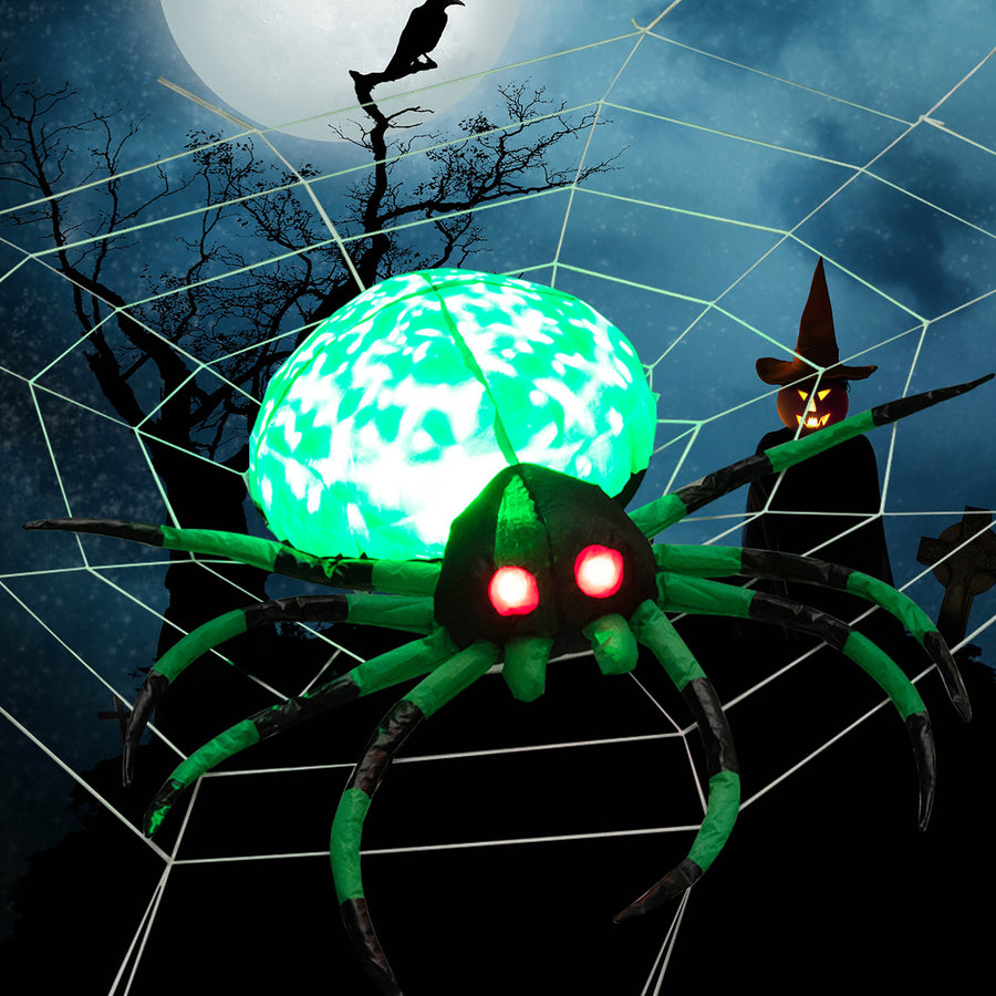 Costway - 5 FT Long Halloween Inflatable Spider with White Net Yard Decor w/Rotating Light - Green_0