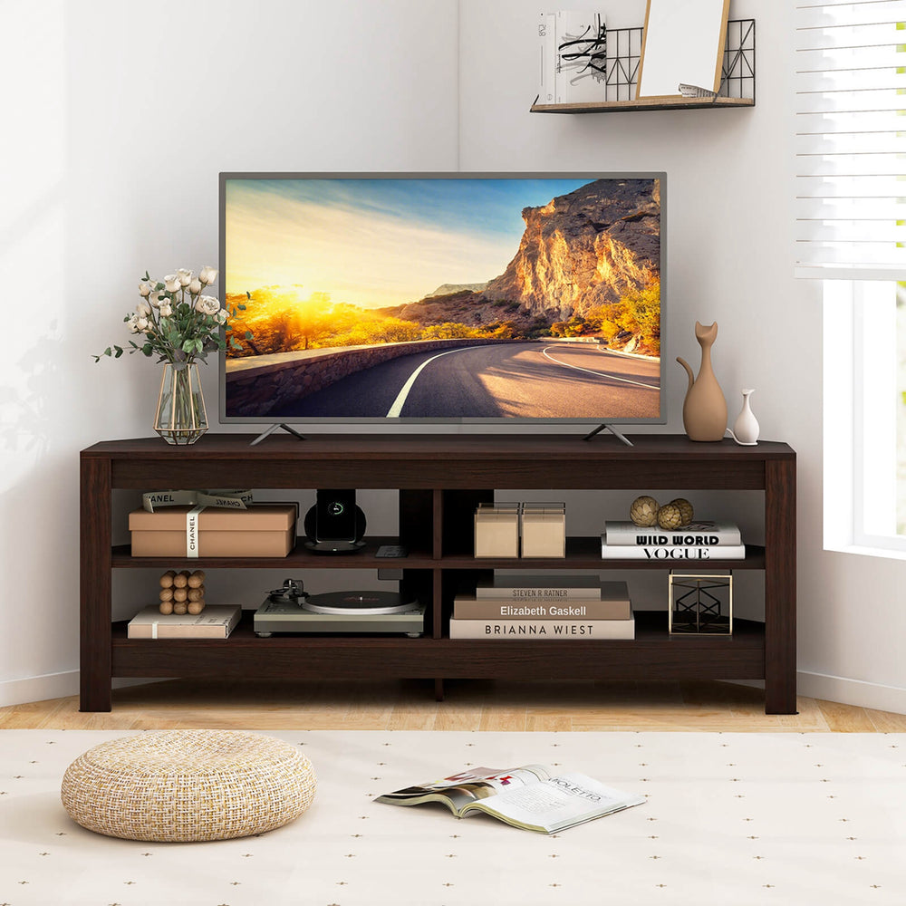 Costway - 3-Tier Corner TV Stand with Power Outlet 4 Open Storage Shelves for Living Room Brown - Brown_1