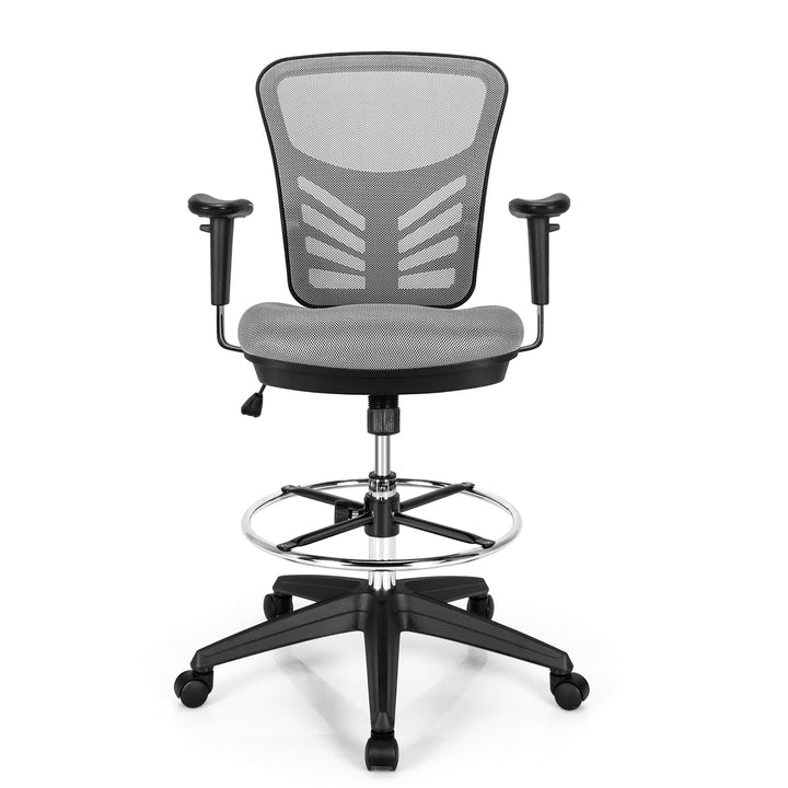 Costway - Mesh Drafting Chair Office Chair with Adjustable Armrests and Foot-Ring - Gray_9