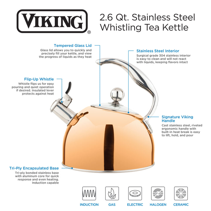 Viking 2.6 Quart Whistling Tea Kettle with 3-Ply Base, Rose Gold - Rose Gold_6