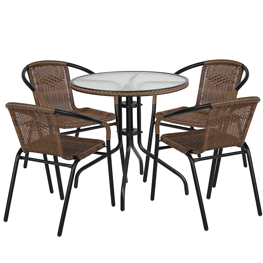 Alamont Home - Lila Outdoor Round Contemporary Metal 5 Piece Patio Set - Clear Top/Dark Brown Rattan_0