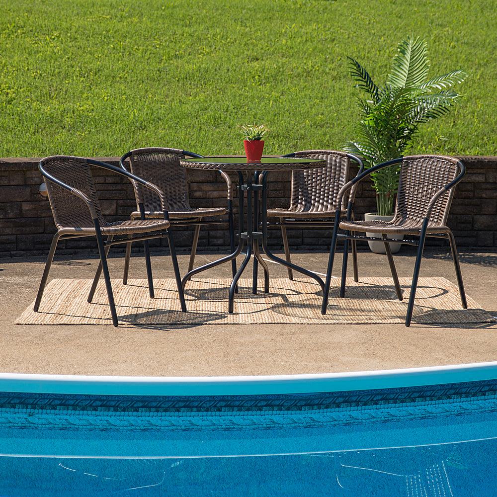 Alamont Home - Lila Outdoor Round Contemporary Metal 5 Piece Patio Set - Clear Top/Dark Brown Rattan_1