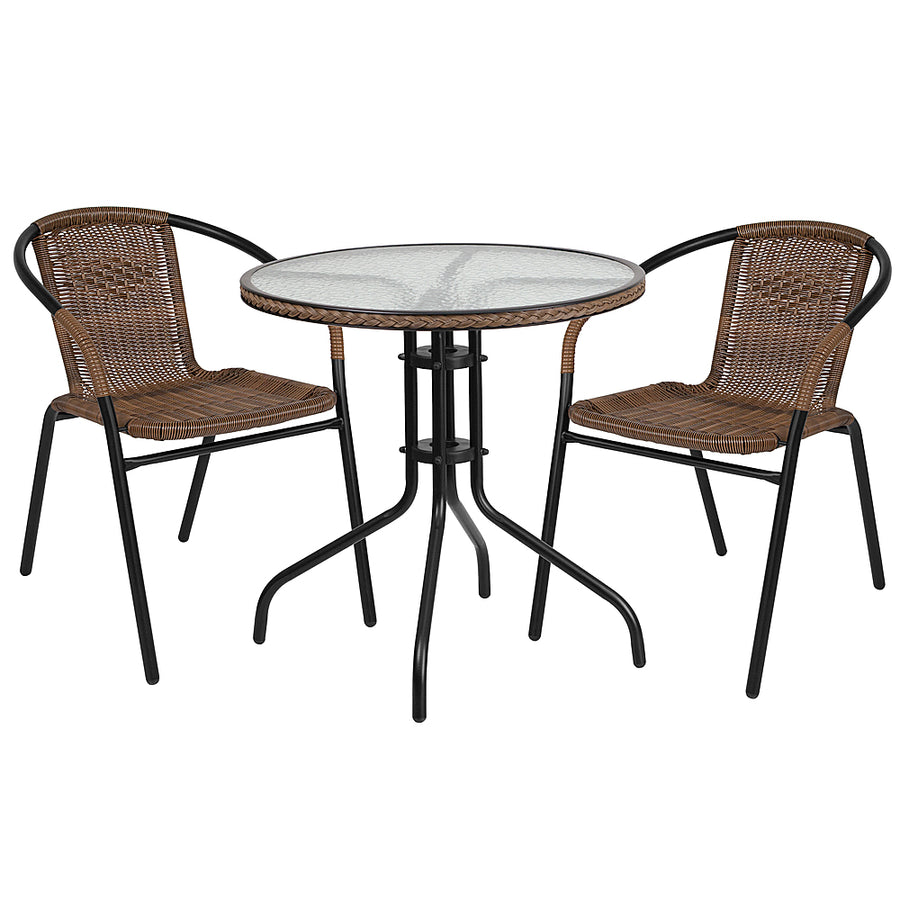 Alamont Home - Lila Outdoor Round Contemporary Metal 3 Piece Patio Set - Clear Top/Dark Brown Rattan_0