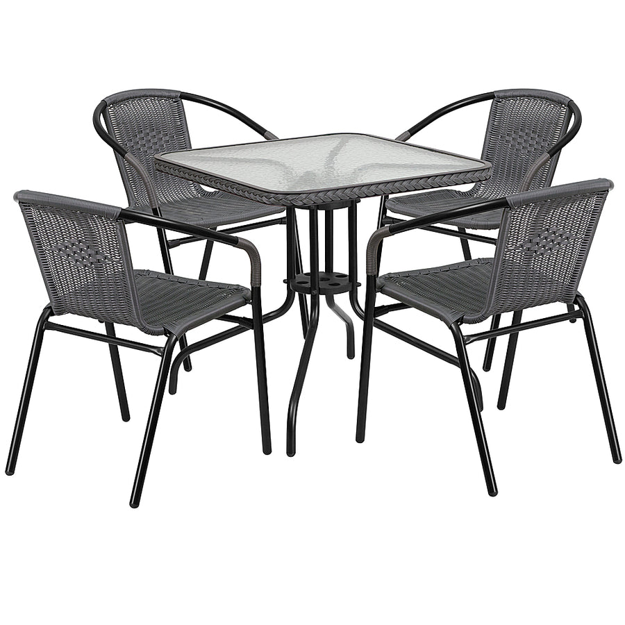 Alamont Home - Lila Outdoor Square Contemporary Metal 5 Piece Patio Set - Clear Top/Gray Rattan_0