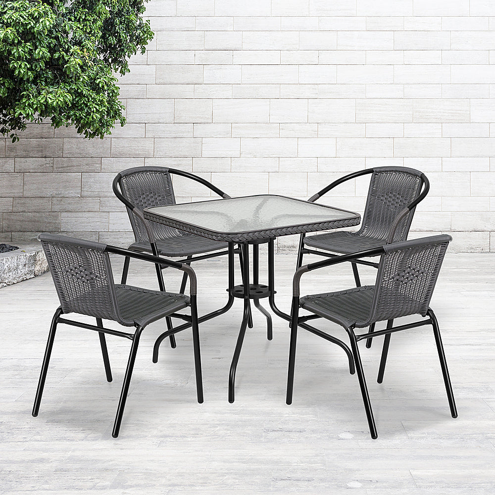 Alamont Home - Lila Outdoor Square Contemporary Metal 5 Piece Patio Set - Clear Top/Gray Rattan_1