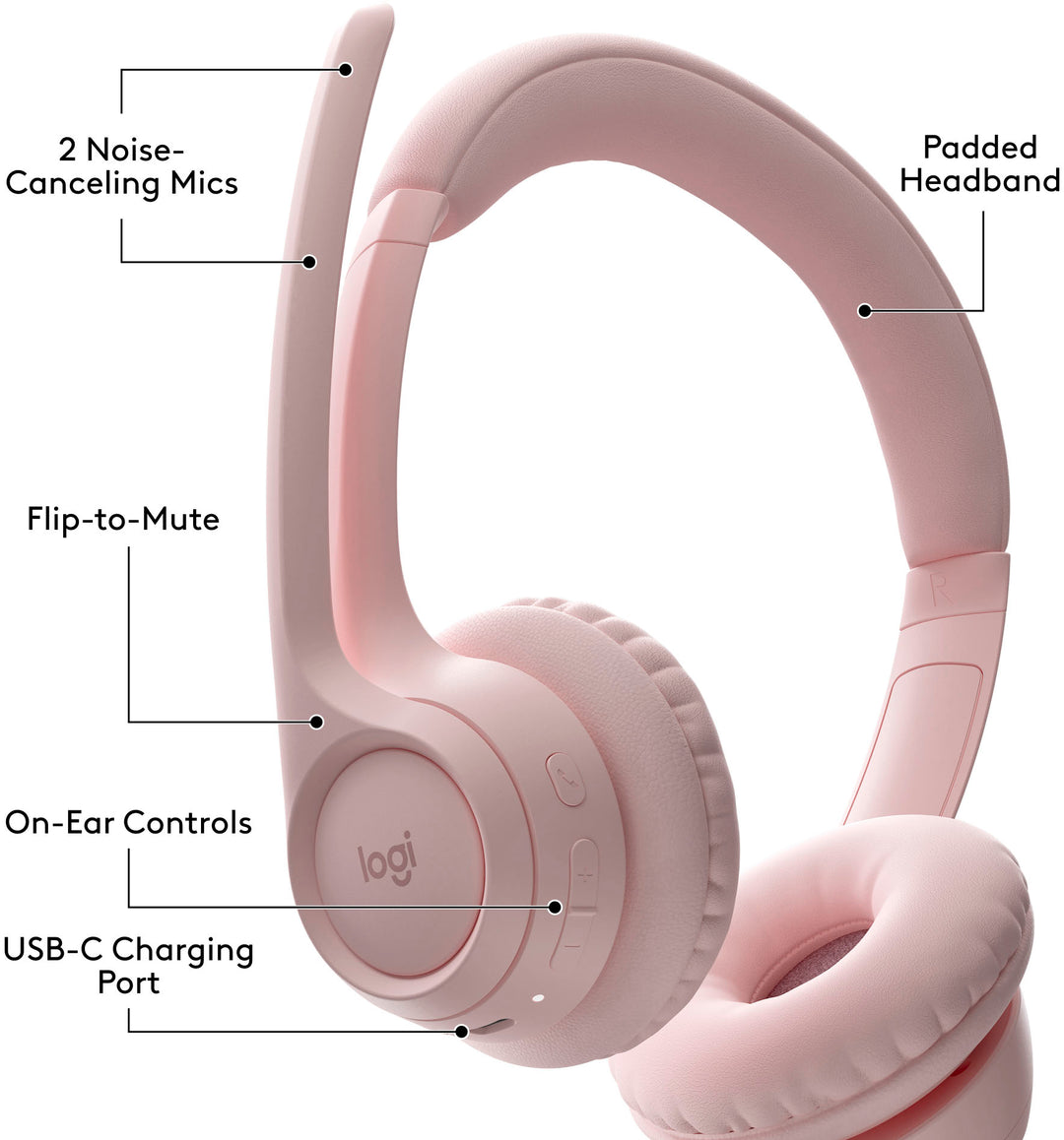 Logitech - Zone 300 Wireless Bluetooth On-ear Headset With Noise-Canceling Microphone - Rose_5