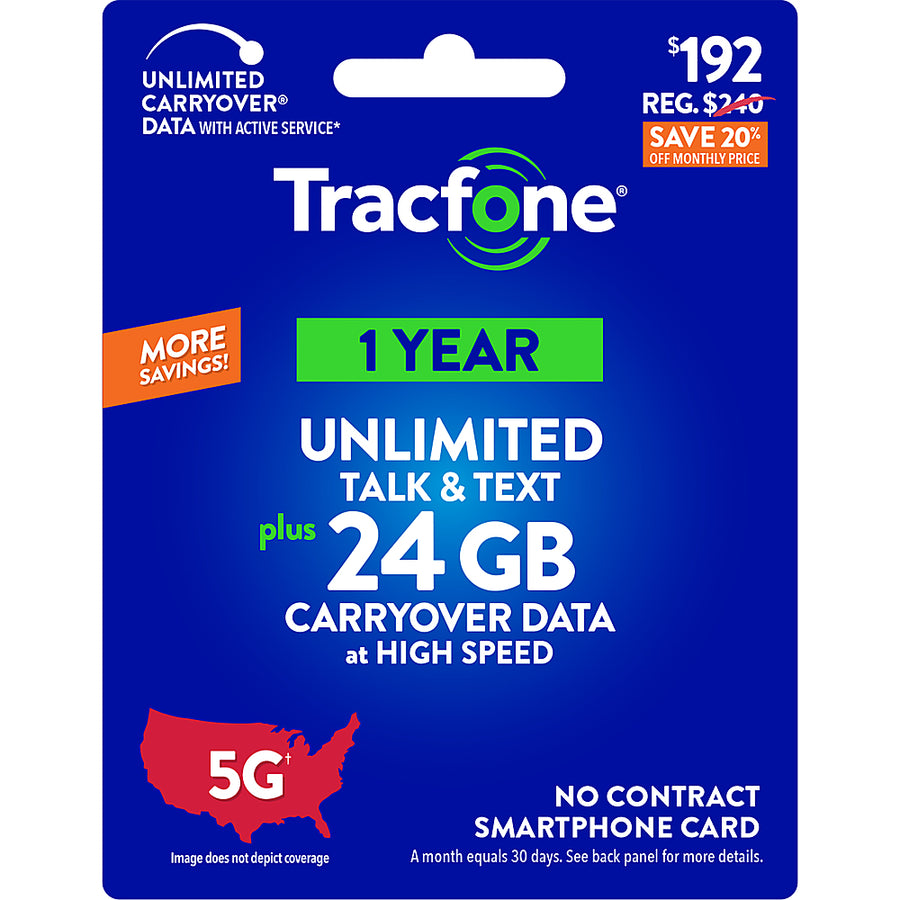 Tracfone - $192 Unlimited Talk & Text plus 24GB of Data 365-Day - Prepaid Plan [Digital]_0