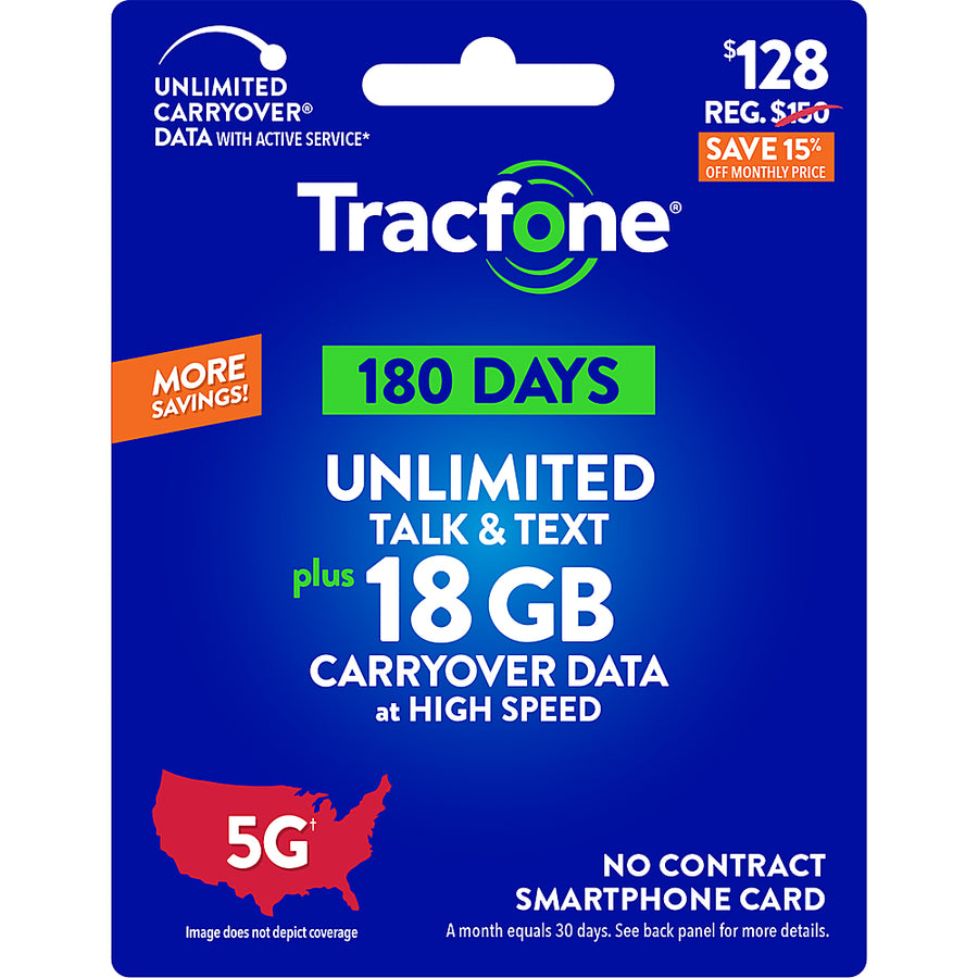 Tracfone - $128 Unlimited Talk & Text plus 18GB of Data 180-Day - Prepaid Plan [Digital]_0