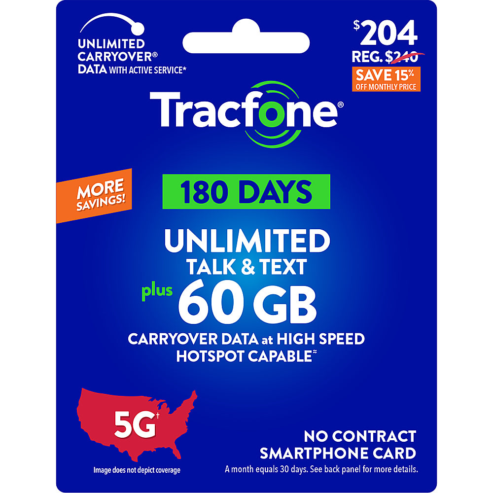 Tracfone - $204 Unlimited Talk & Text plus 60GB of Data 180-Day - Prepaid Plan [Digital]_0