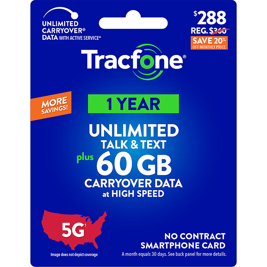 Tracfone - $288 Unlimited Talk & Text plus 60GB of Data 365-Day - Prepaid Plan [Digital]_0