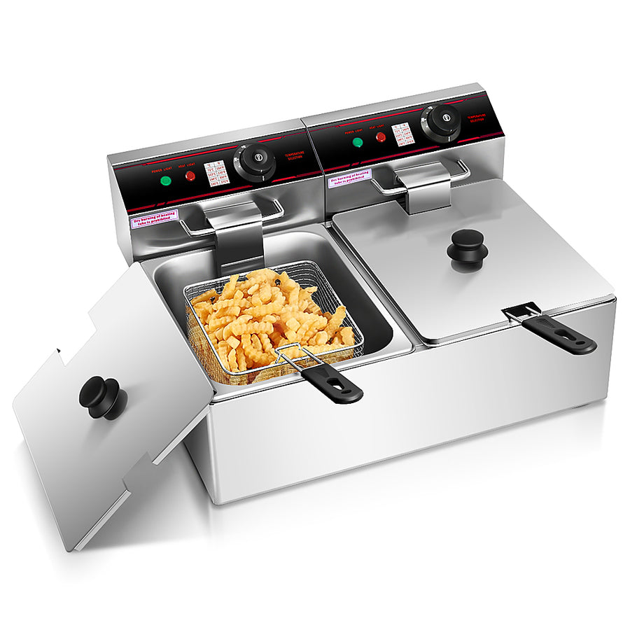 Costway - 3400w Electric Countertop Deep Fryer Dual Tank Commercial Restaurant Steel - Silver_0