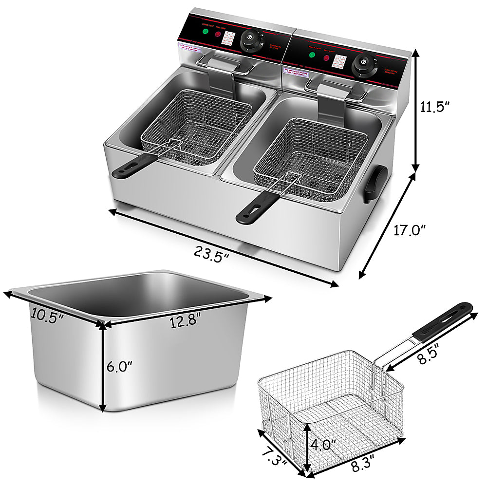 Costway - 3400w Electric Countertop Deep Fryer Dual Tank Commercial Restaurant Steel - Silver_1