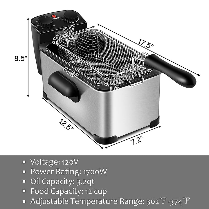 Costway - 3.2 Quart Electric Deep Fryer 1700W Stainless Steel Timer Frying Basket - Black + Silver_1