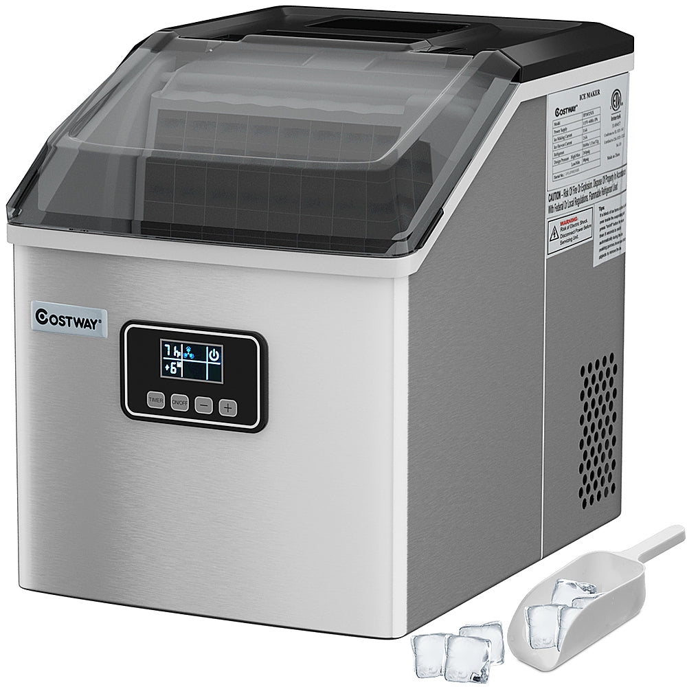 Costway - Stainless Steel Ice Maker Machine Countertop 48Lbs/24H Self-Clean with LCD Display - Silver_0