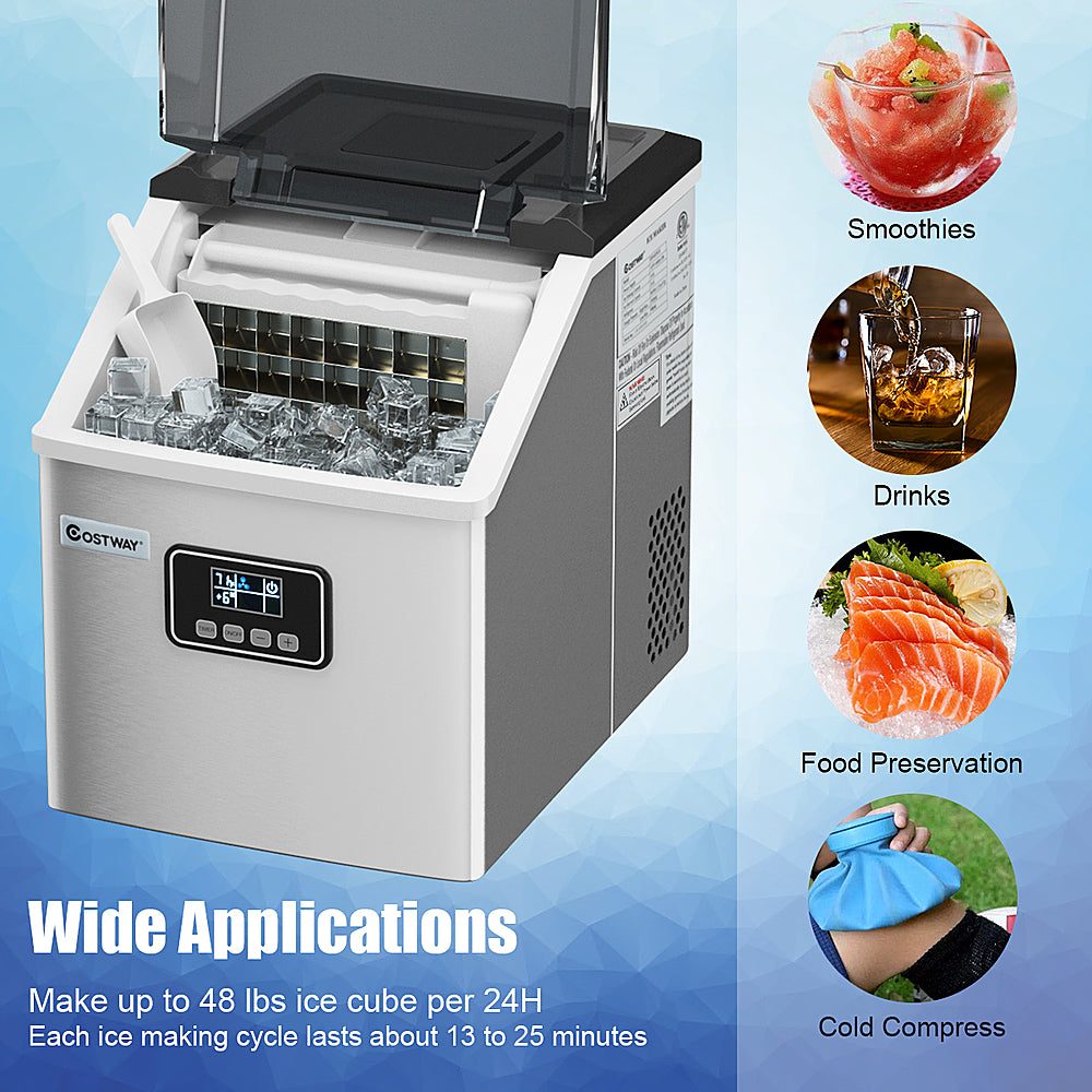 Costway - Stainless Steel Ice Maker Machine Countertop 48Lbs/24H Self-Clean with LCD Display - Silver_4