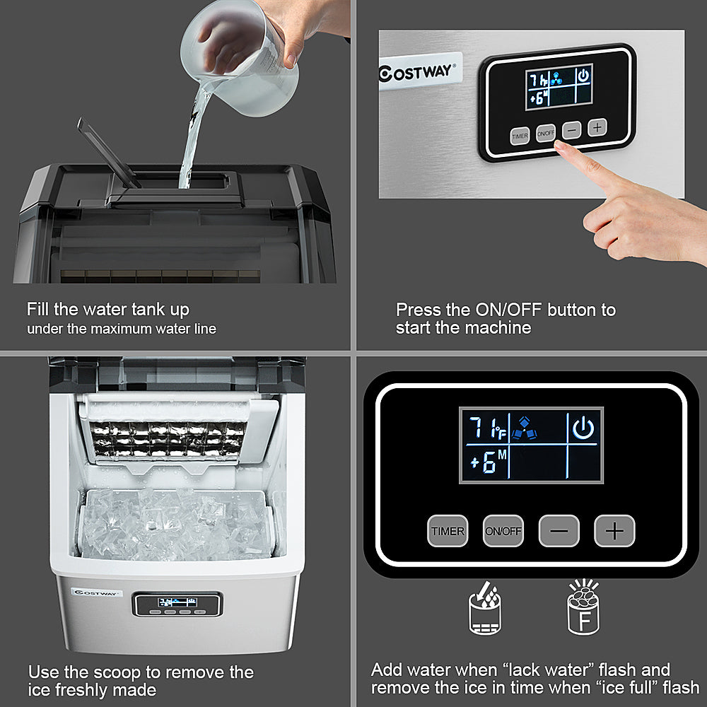 Costway - Stainless Steel Ice Maker Machine Countertop 48Lbs/24H Self-Clean with LCD Display - Silver_7