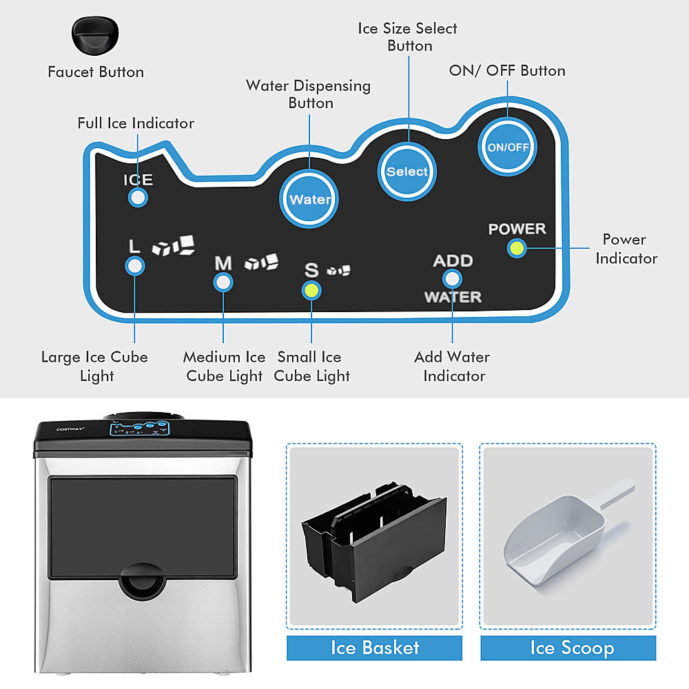 Costway - 2-in-1 Countertop Ice Maker Water Dispenser 48Lbs/24H w/ Scoop - Black/Silver_8