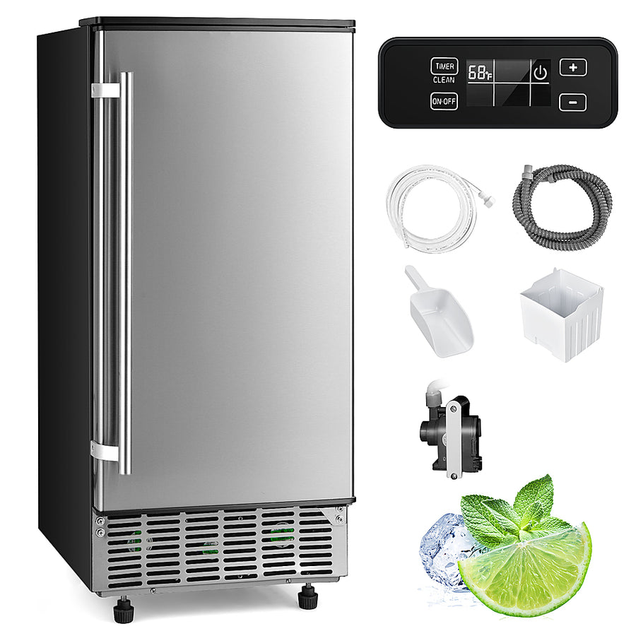 Costway - Built-in Ice Maker Free-Standing/Under Counter Machine 80lbs/Day w/ Drain Pump - Silver/Black_0