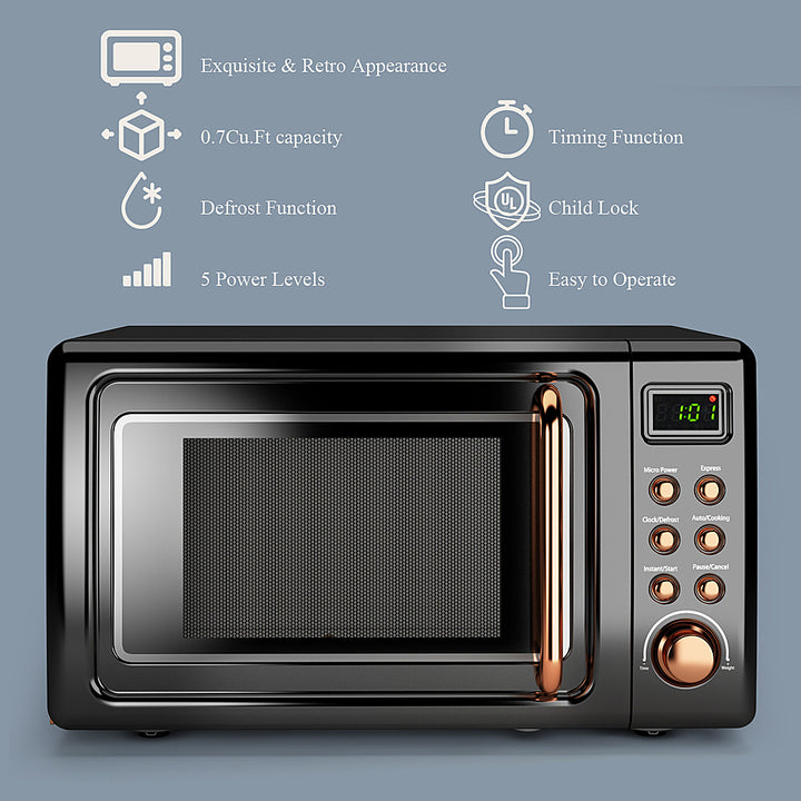 Costway - 0.7Cu.ft Retro Countertop Microwave Oven 700W LED Display Glass Turntable - Rose Gold_8