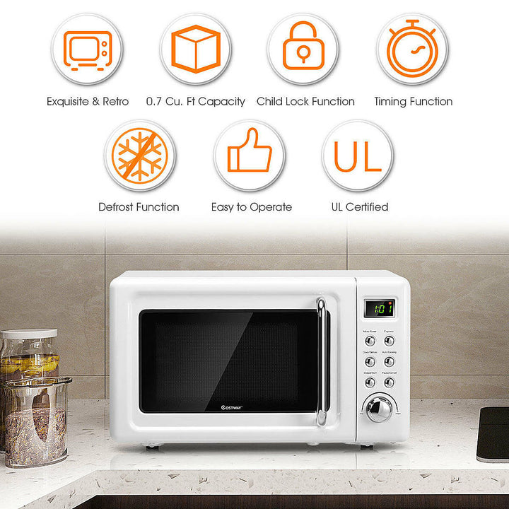 Costway - 0.7Cu.ft Retro Countertop Microwave Oven 700W LED Display Glass Turntable - White_7