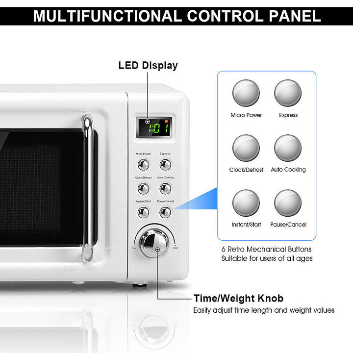 Costway - 0.7Cu.ft Retro Countertop Microwave Oven 700W LED Display Glass Turntable - White_8