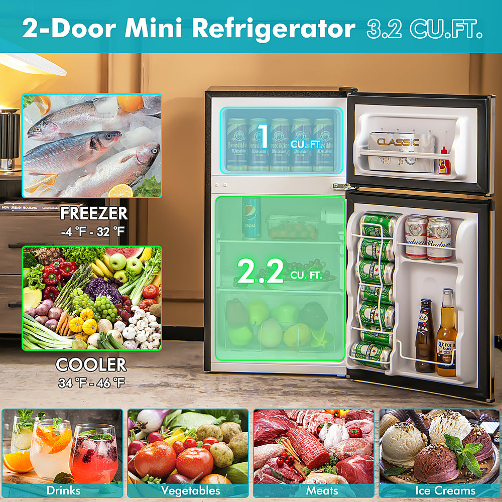 Costway - 3.2 Cu.Ft Mini Refrigerator with  Freezer Compact Fridge with  2 Reversible Door - Black / Silver_1