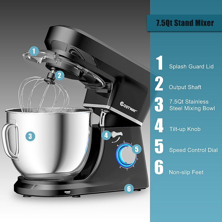 Costway - Tilt-Head Stand Mixer 7.5 Qt 6 Speed 660W with Dough Hook, Whisk & Beater - Black_4